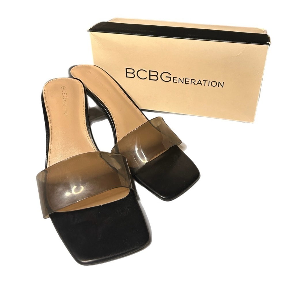 BCBGeneration Black Slide Mules with Smoke Translucent Strap